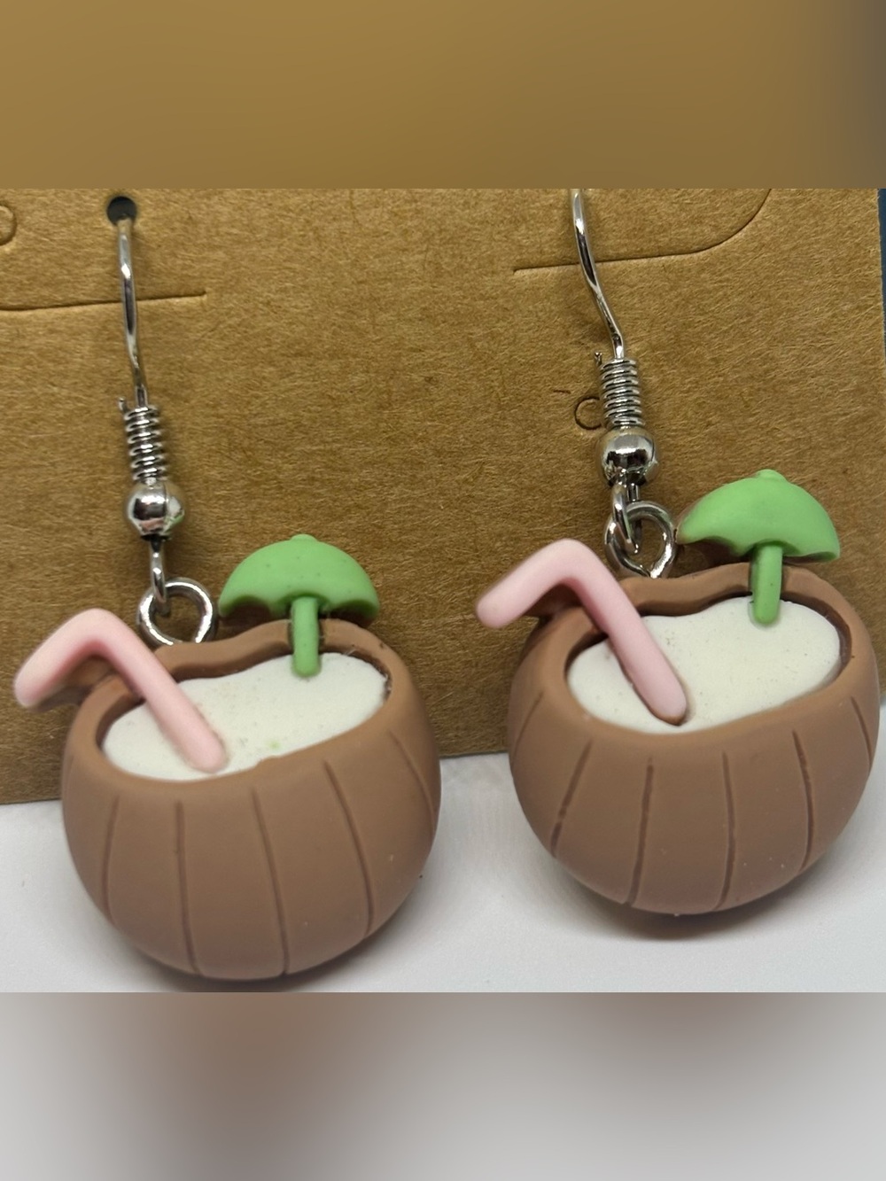 Coconut Drink Dangle Earrings - Brown, Pink, Green